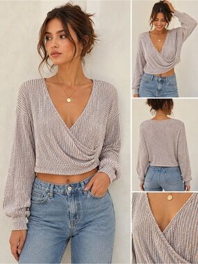 Painted Threads Large Faux Draped Wrap Cropped Sweater Balloon Sleeve Boho Chic